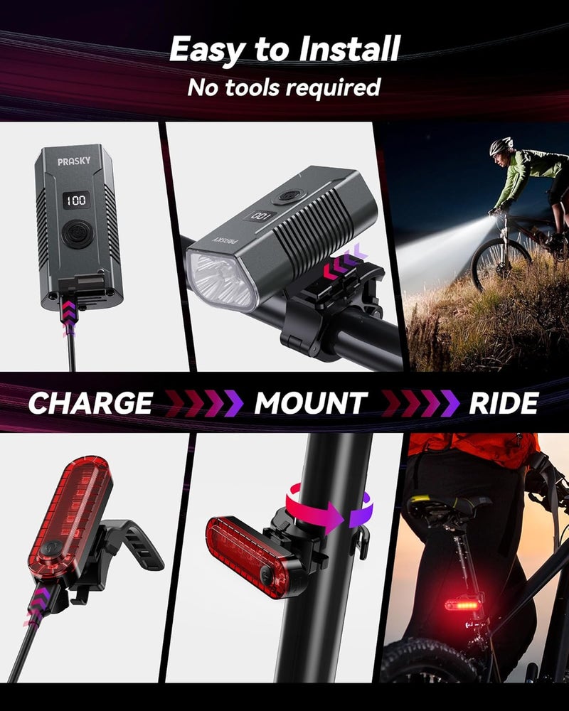 Prasky Bike Lights for Night Riding, USB Rechargeable Mountain Bicycle Headlight, Super Bright, Waterproof, 6+4 Light Modes Bike Light Set for Cyclists and Commuters - Image 5